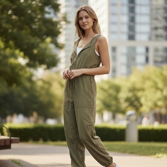 Athleta Pants - Athleta Flex Jumpsuit size M Olive Zip Up Utility Athleisure Travel Sport Romper